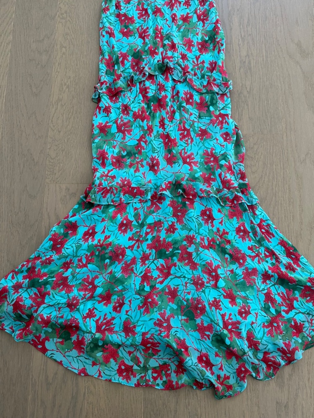 SALONI Rita Silk Maxi Dress Teal Blue Aquarium Floral Ruffle Sleeveless - US 2 - Picture 5 of 12
